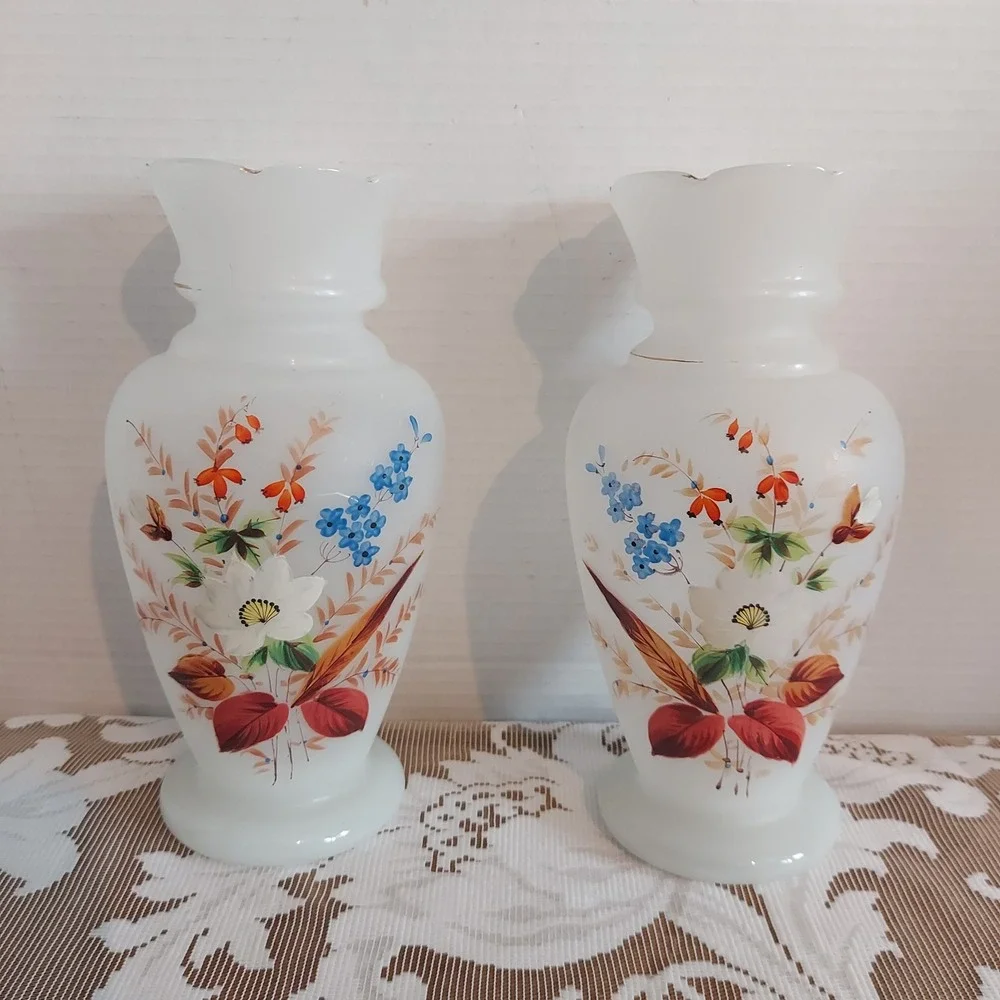 Vintage Bristol Satin Milk Glass Floral Vases Set of 2 Hand Painted Gold Trim 9